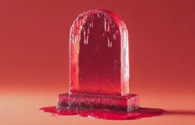 Red gelatin tombstone melting on an orange background