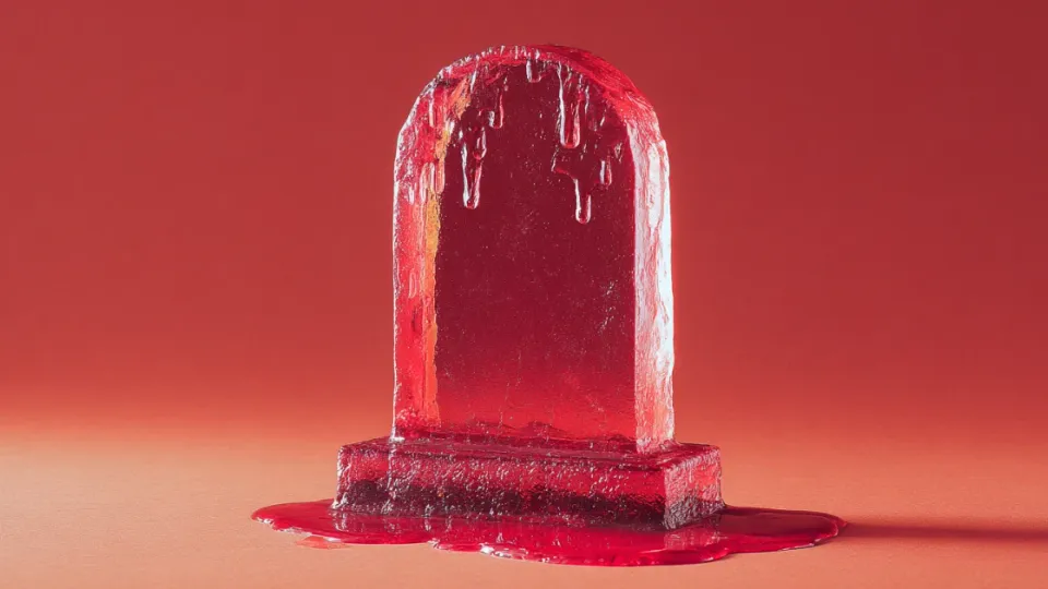 Red gelatin tombstone melting on an orange background