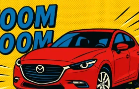 Pop-art red Mazda3 hatchback with bold ZOOM ZOOM lettering