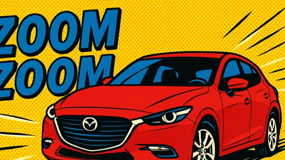 Pop-art red Mazda3 hatchback with bold ZOOM ZOOM lettering