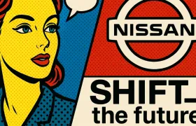 Nissan logo and SHIFT the future slogan in pop-art panel