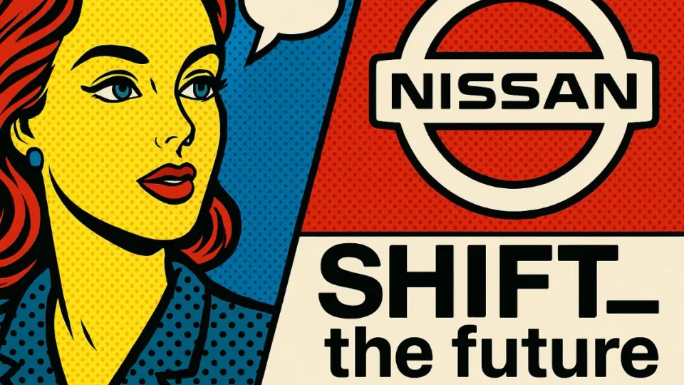 Nissan logo and SHIFT the future slogan in pop-art panel