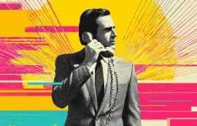 Man in a suit talking on a corded telephone in pop-art halftone