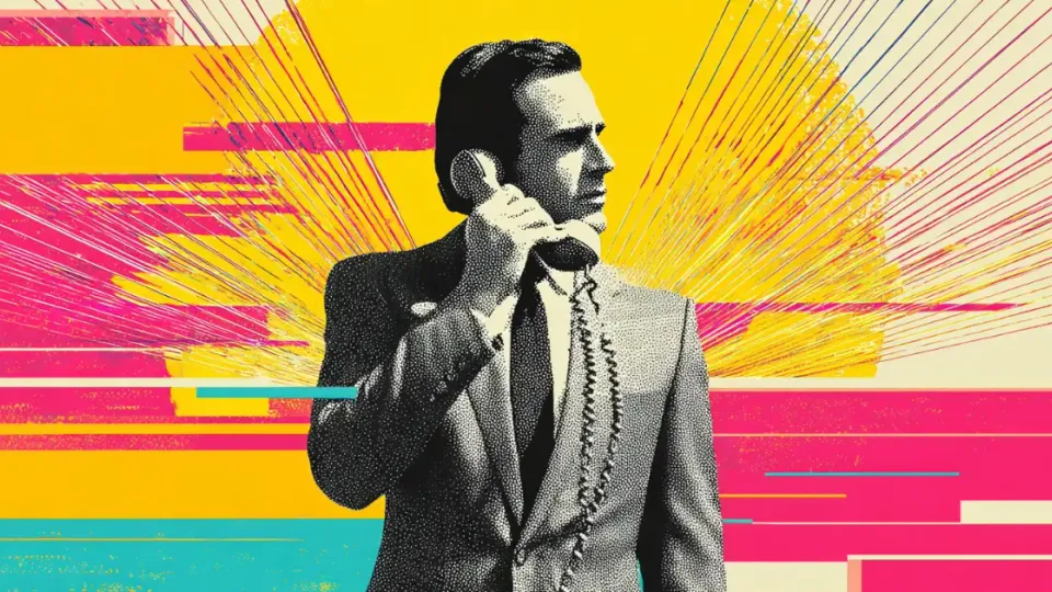 Man in a suit talking on a corded telephone in pop-art halftone