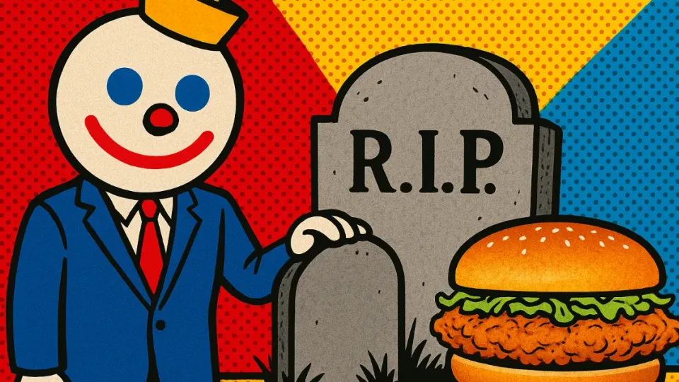Jack in the Box mascot beside R.I.P. gravestone and chicken sandwich
