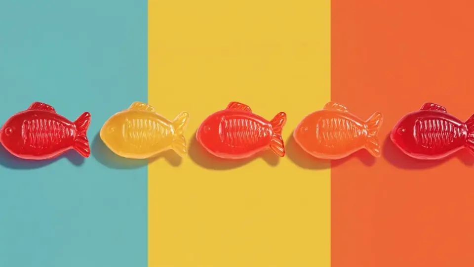 Five red, yellow, and orange gummy fish candies in a row