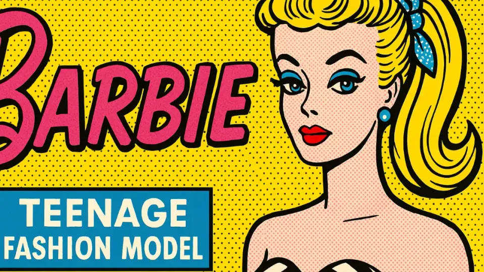 Pop-art Barbie logo beside blonde ponytail doll, Teenage Fashion Model