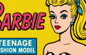 Pop-art Barbie logo beside blonde ponytail doll, Teenage Fashion Model