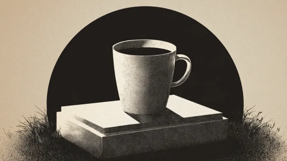 Coffee mug resting on a gravestone in vintage halftone illustration