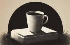 Coffee mug resting on a gravestone in vintage halftone illustration