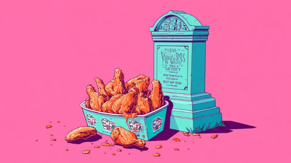 Cartoon basket of fried chicken wings beside a teal tombstone