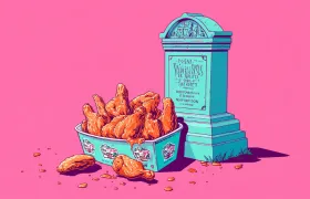 Cartoon basket of fried chicken wings beside a teal tombstone