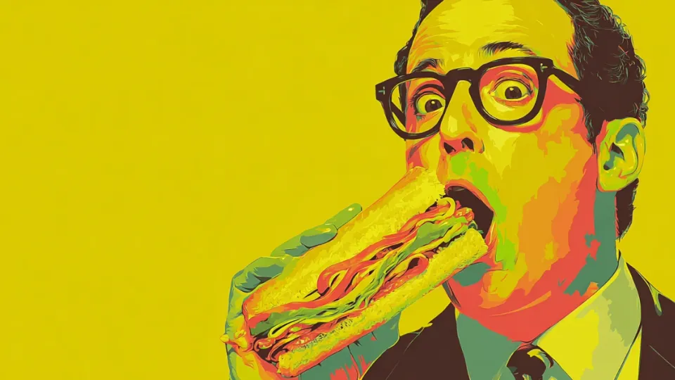 Pop art man in glasses biting into a large submarine sandwich