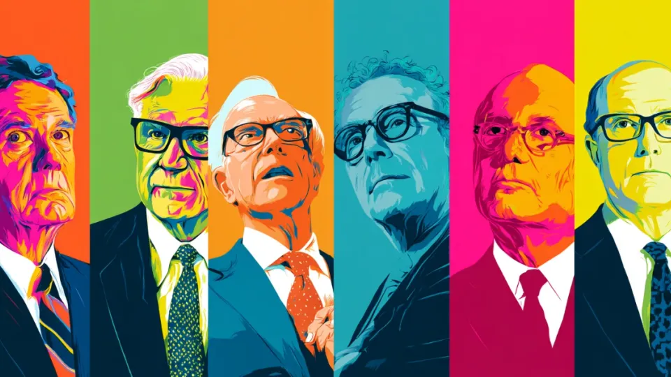Pop-art portrait panels of six banking executives in dark suits