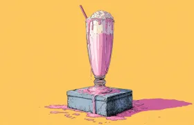 Pink milkshake in a tall glass melting over a concrete block