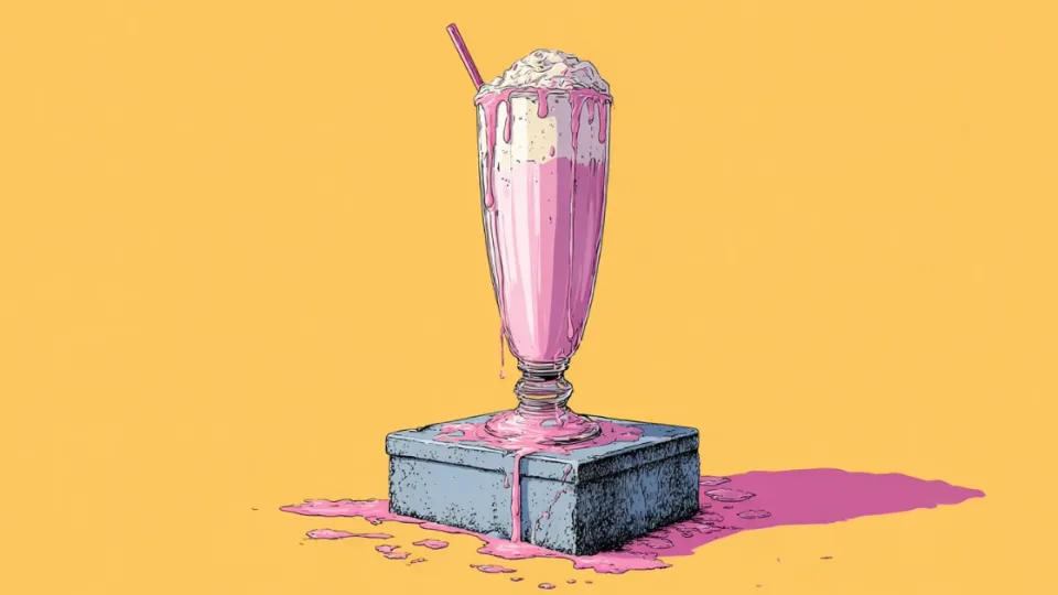 Pink milkshake in a tall glass melting over a concrete block