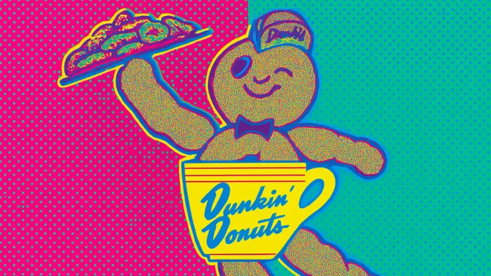 Pop-art Dunkie mascot holding donut tray beside Dunkin' Donuts coffee cup