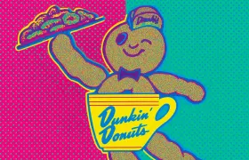 Pop-art Dunkie mascot holding donut tray beside Dunkin' Donuts coffee cup
