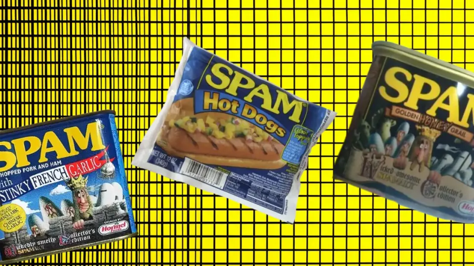 Spam Stinky French Garlic, Spam Hot Dogs, and Golden Honey Grail can