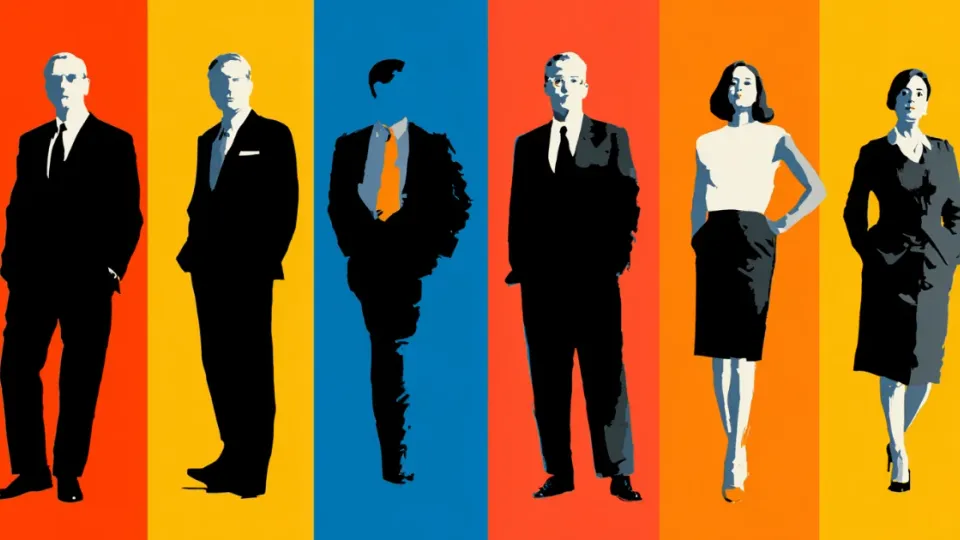 Pop-art silhouettes of six business executives on colored vertical stripes