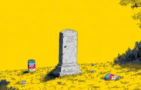 Comic-style gravestone in a yellow field with two discarded soup cans