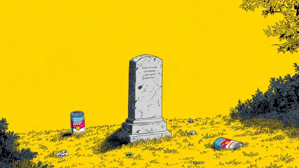 Comic-style gravestone in a yellow field with two discarded soup cans