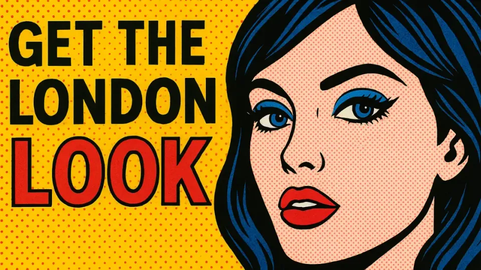 Pop art comic woman's face beside GET THE LONDON LOOK text