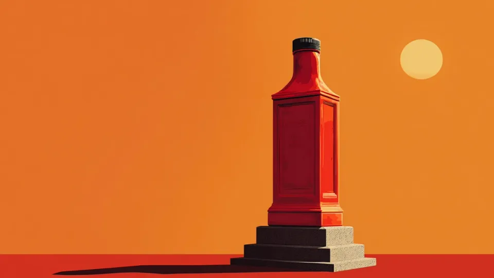 Red hot sauce bottle rendered as a stone monument at sunset