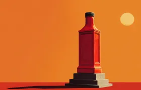 Red hot sauce bottle rendered as a stone monument at sunset