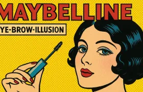 Pop-art Maybelline mascara ad with a woman holding a mascara wand
