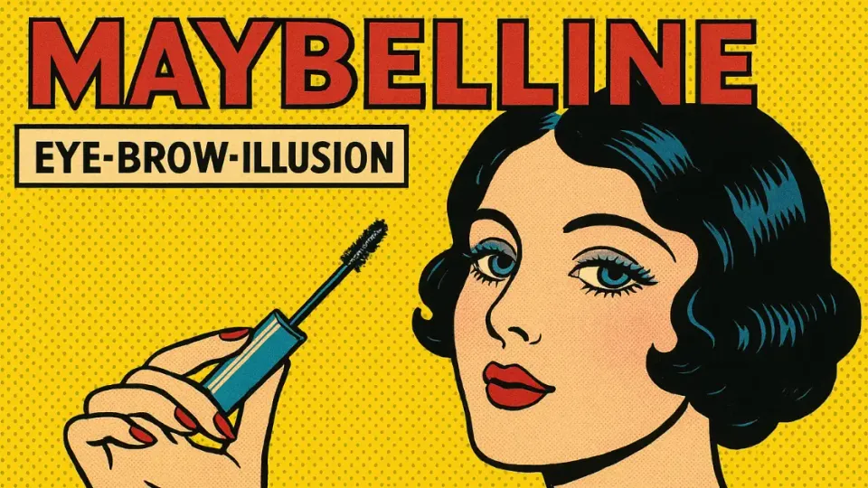 Pop-art Maybelline mascara ad with a woman holding a mascara wand