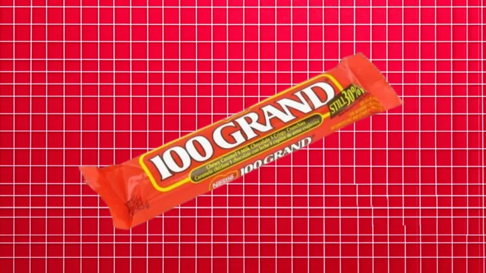 100 Grand candy bar in red wrapper on red grid background