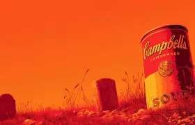 Campbell's condensed soup can tilted among gravestones in an orange field