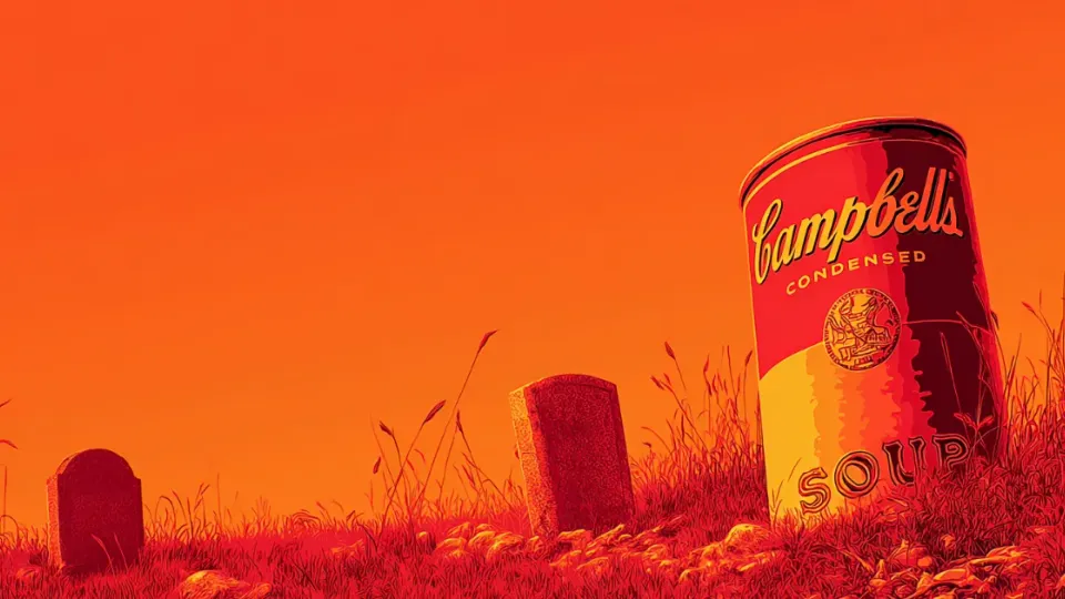 Campbell's condensed soup can tilted among gravestones in an orange field