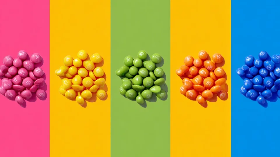 Piles of pink, yellow, green, orange and blue candies on color-blocked stripes