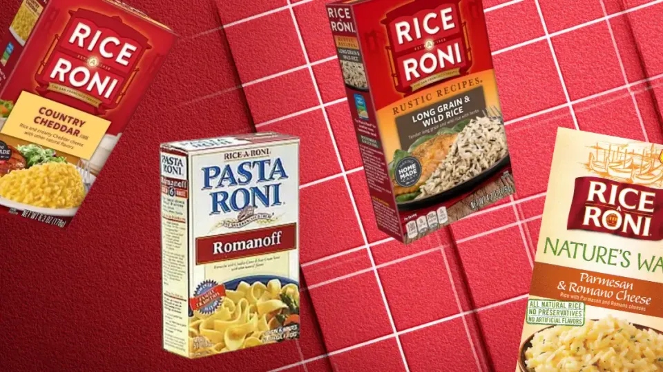 Rice-A-Roni and Pasta Roni boxes including Country Cheddar and Romanoff