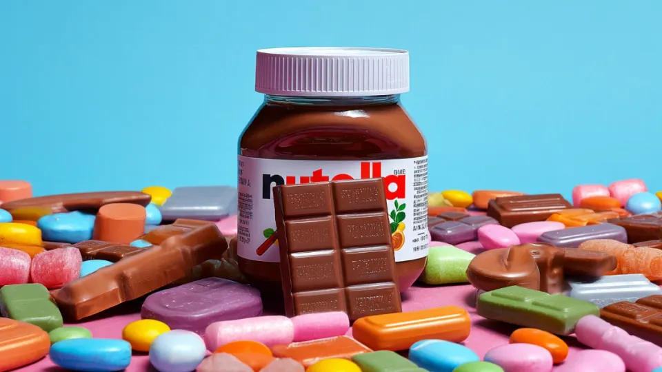 Nutella jar surrounded by chocolate bars and colorful candies