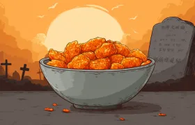 Cartoon bowl of orange chicken in a graveyard at sunset