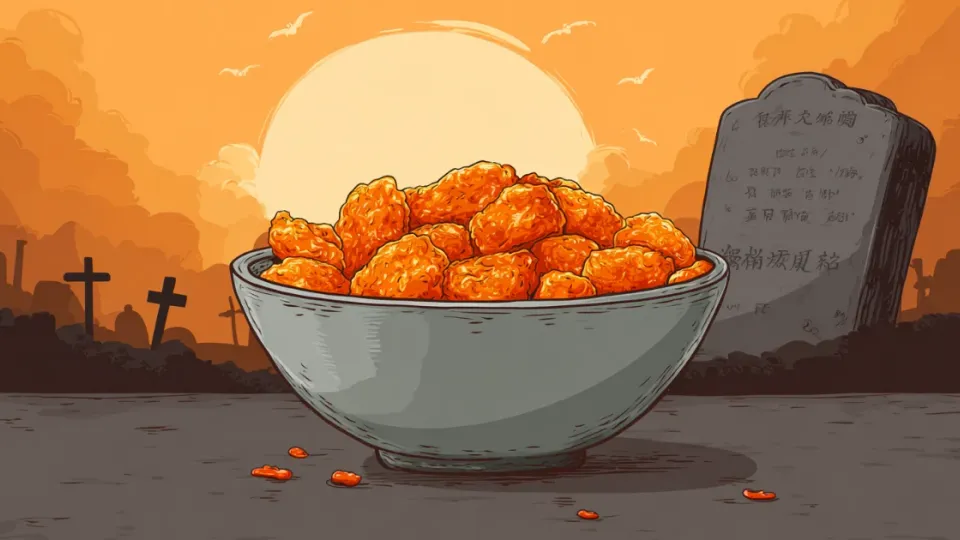 Cartoon bowl of orange chicken in a graveyard at sunset