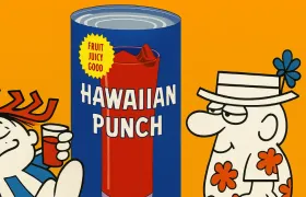 Punchy mascot and straw-hat tourist beside a giant Hawaiian Punch can