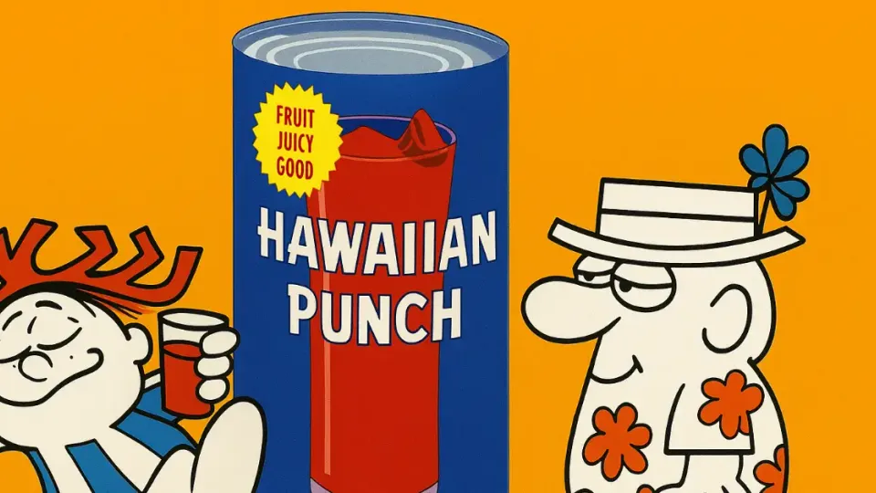 Punchy mascot and straw-hat tourist beside a giant Hawaiian Punch can