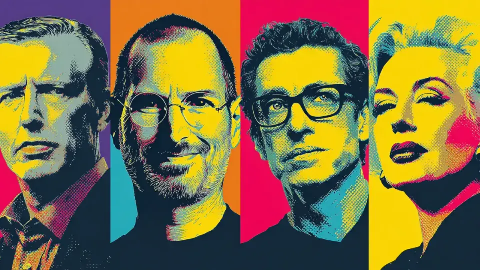 Pop art portraits of four tech executives including Steve Jobs
