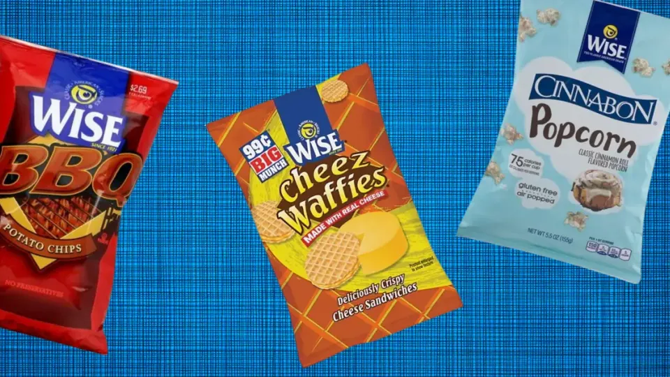Wise BBQ chips, Cheez Waffies and Cinnabon Popcorn bags