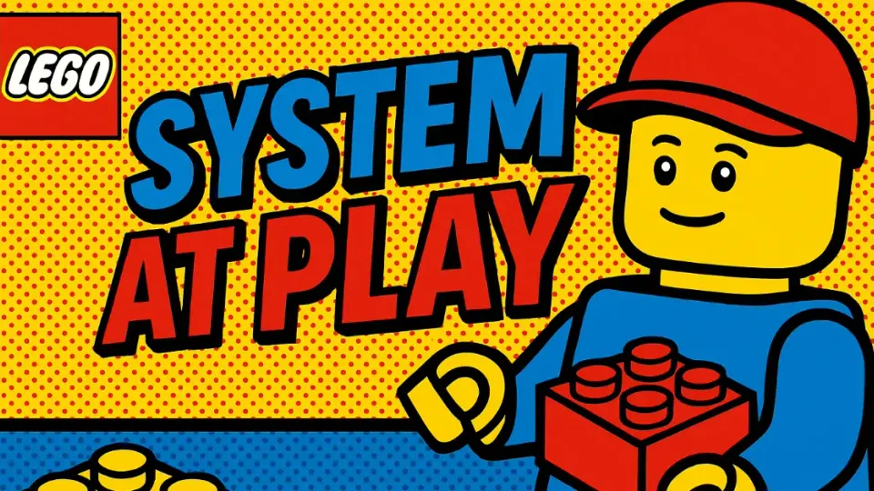 LEGO minifigure holding a red brick beside "System at Play" text