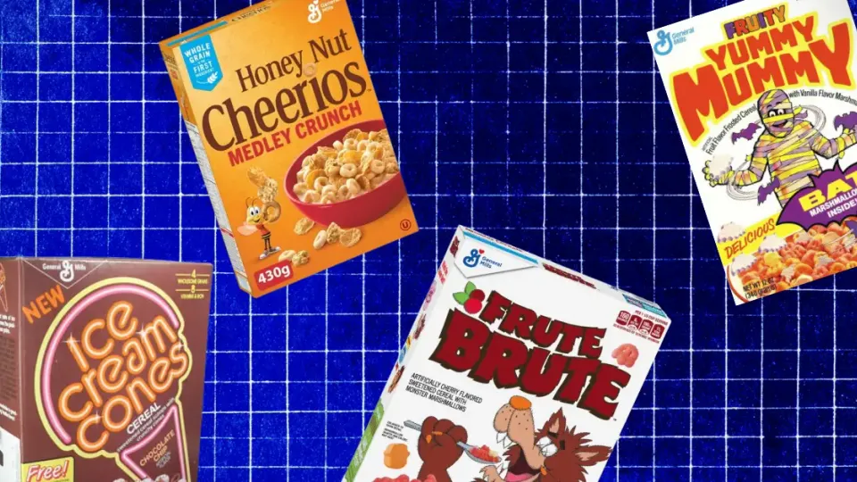 Discontinued General Mills cereal boxes including Frute Brute and Yummy Mummy