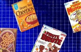 Discontinued General Mills cereal boxes including Frute Brute and Yummy Mummy
