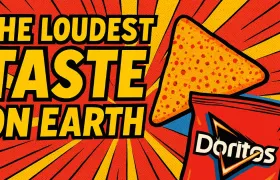 Doritos bag and tortilla chip with The Loudest Taste on Earth slogan