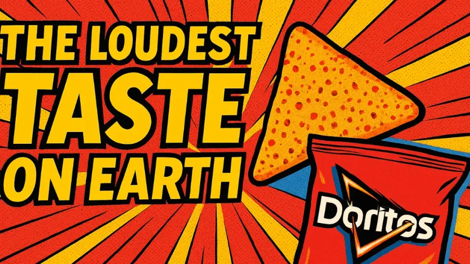 Doritos bag and tortilla chip with The Loudest Taste on Earth slogan