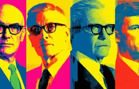 Pop art portraits of four older businessmen in suits and glasses