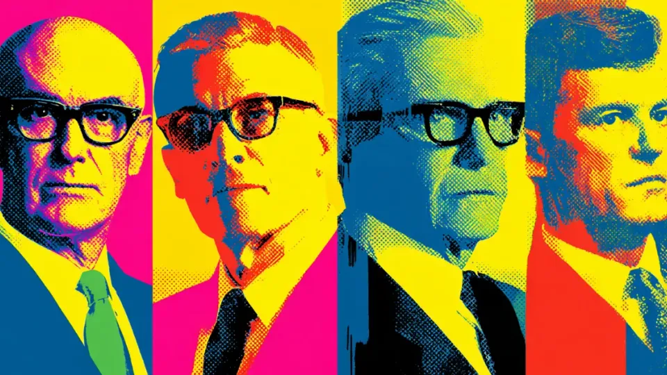 Pop art portraits of four older businessmen in suits and glasses
